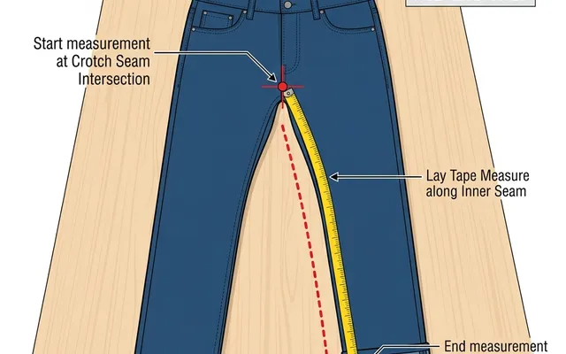 Step-by-step diagram showing how to measure the inseam on a pair of pants laid flat on a surface by measuring along the inner leg seam from the crotch point down to the ankle hem.