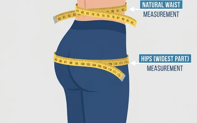 Infographic showing the correct waist measurement line (where the waistband naturally sits) and the hip measurement line (around the widest point of the buttocks) using a tape measure.