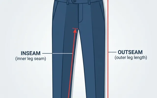 Visual diagram illustrating the difference between pants inseam (measured along the inner leg seam from crotch to hem) and outseam (measured along the outer side from waistband to hem).
