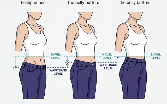 Diagram illustrating low-rise pants (sitting on the hip bone), mid-rise pants (resting just below the belly button), and high-rise pants (resting at or above the navel).